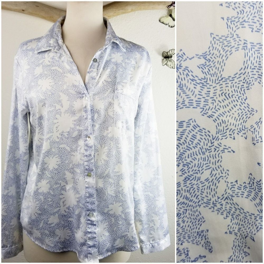 Shimera white and blue abstract palm print blouse